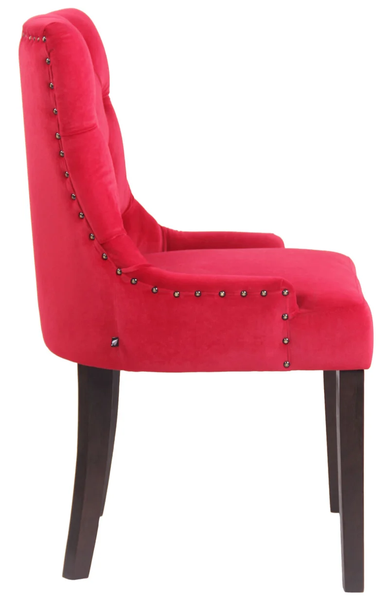 Chaise de salle à manger coutures décoratives et boutons asssise en velours rouge et peids en bois foncé 10_0001929