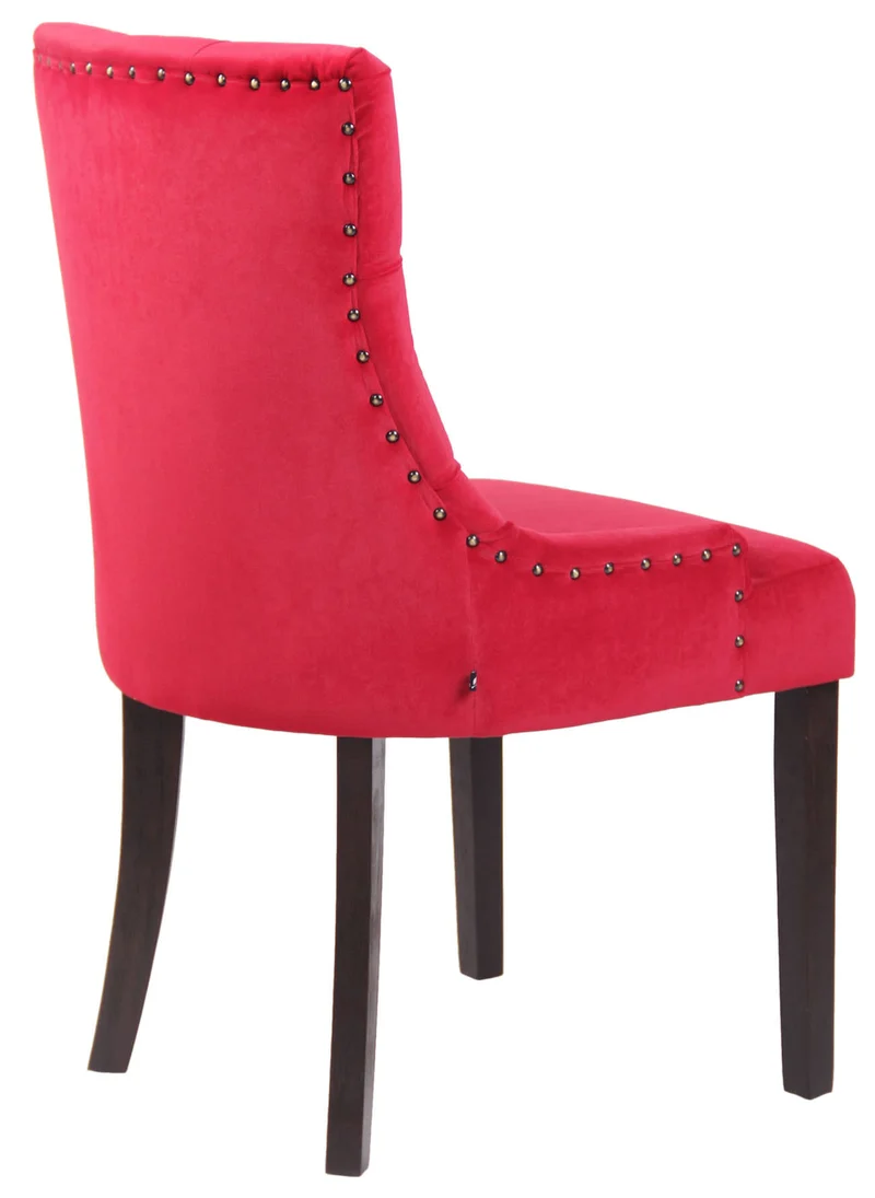 Chaise de salle à manger coutures décoratives et boutons asssise en velours rouge et peids en bois foncé 10_0001929