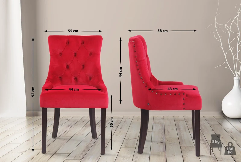 Chaise de salle à manger coutures décoratives et boutons asssise en velours rouge et peids en bois foncé 10_0001929