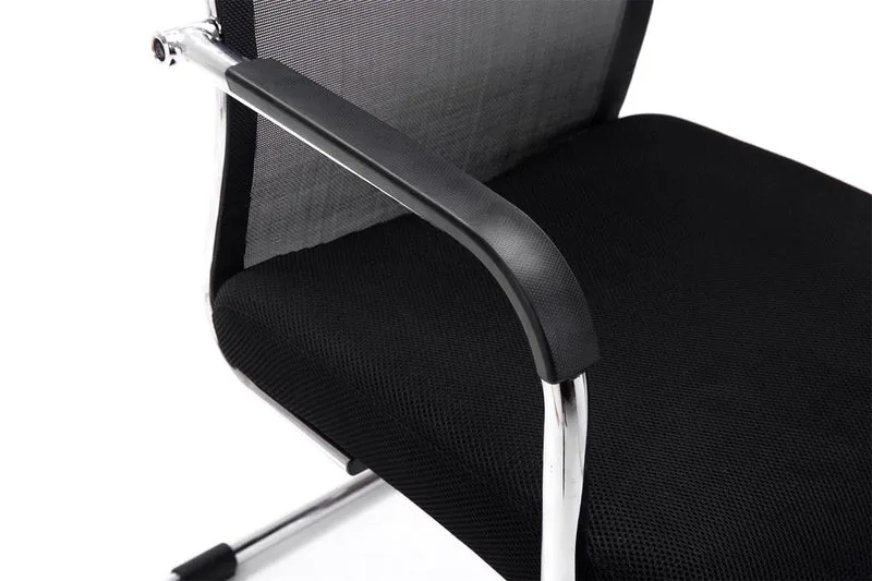 Chaise de bureau fauteuil visiteur sans roulettes dossier haut en tissu maille noir et métal chromé 10_0003318
