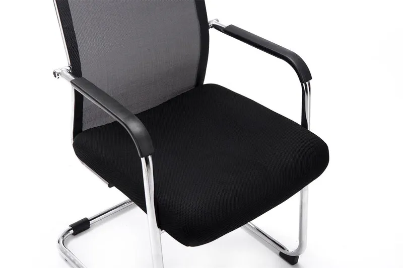 Chaise de bureau fauteuil visiteur sans roulettes dossier haut en tissu maille noir et métal chromé 10_0003318