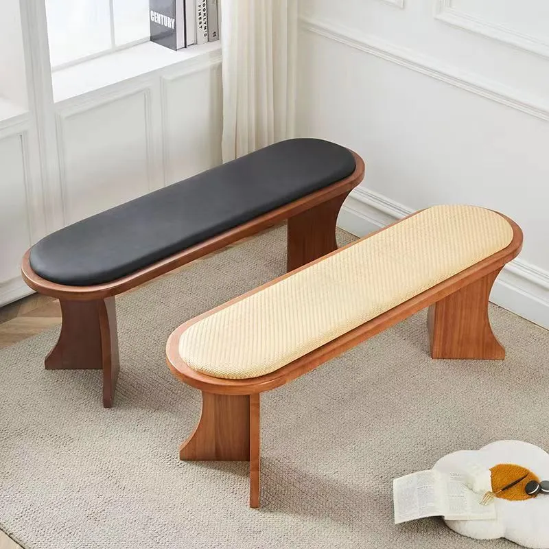 Contemporary Scandinavian Long Oval Curved Leather Rattan Mat Solid Wood Shoe Bench Low Stool For Living Room