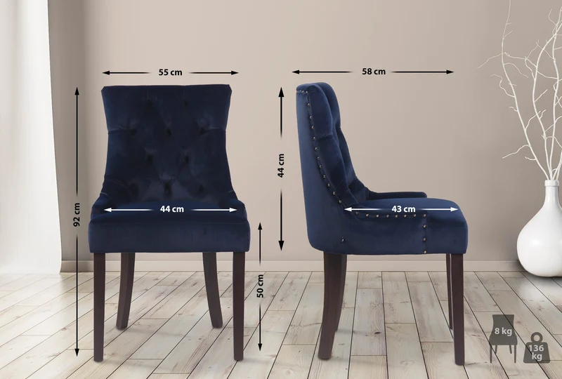 Chaise de salle à manger x1 design antique capitonné en velours bleu avec 4 pieds en bois marron 10_0001935