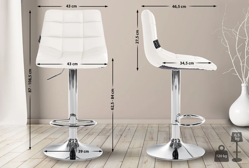 Lot de 2 tabourets de bar en synthétique blanc base métal chromé réglable en hauteur et repose-pieds TDB10642