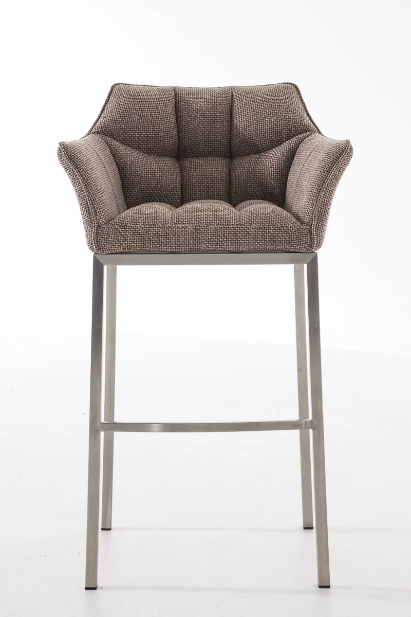 Tabouret de bar chaise haute de comptoir couture carrées assise en tissu marron clair 4 pieds stables en acier inoxydable 10_0004725