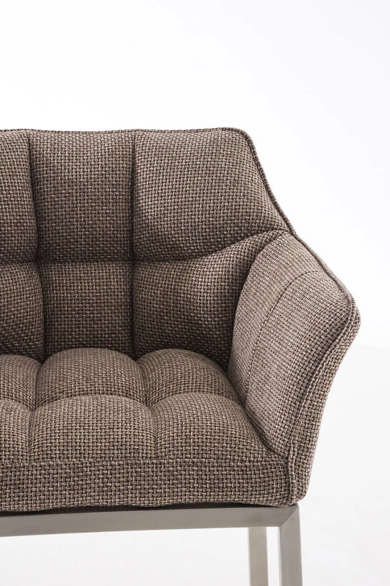 Tabouret de bar chaise haute de comptoir couture carrées assise en tissu marron clair 4 pieds stables en acier inoxydable 10_0004725