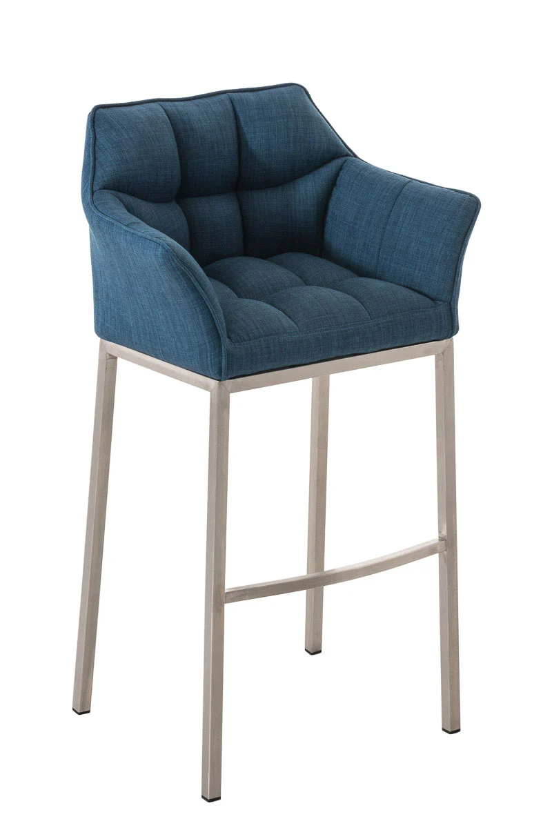 Tabouret de bar chaise haute de comptoir couture carrées assise en tissu bleu 4 pieds stables en acier inoxydable 10_0004722