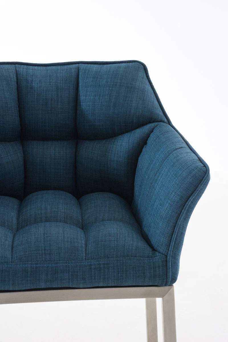 Tabouret de bar chaise haute de comptoir couture carrées assise en tissu bleu 4 pieds stables en acier inoxydable 10_0004722