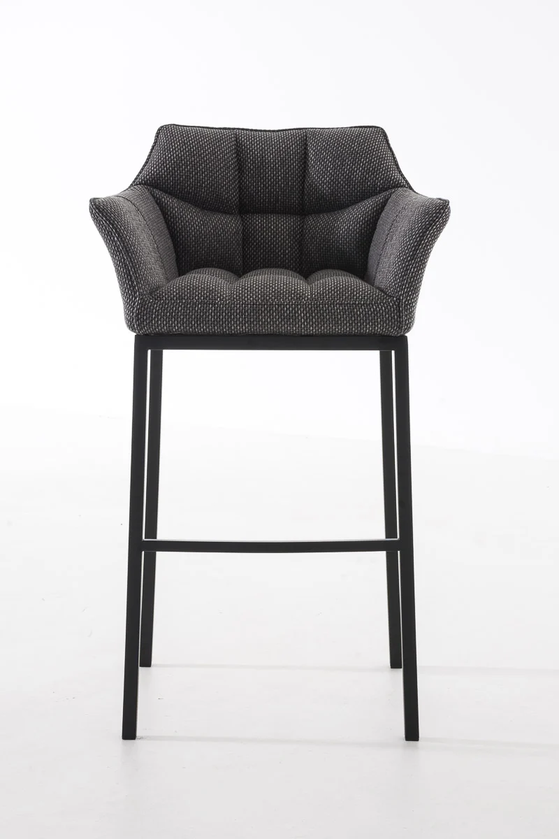Tabouret de bar chaise haute de comptoir couture carrées assise en tissu gris titane 4 pieds stables en métal noir 10_0004706