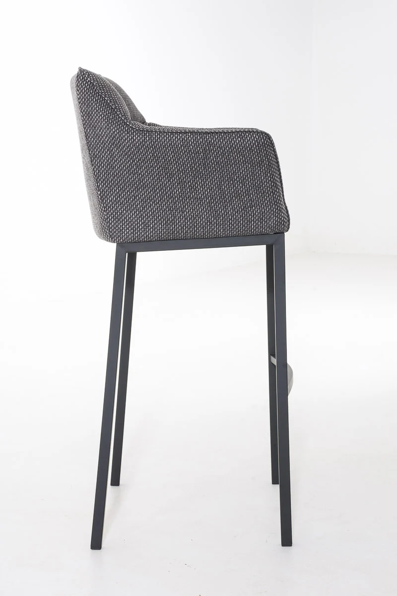 Tabouret de bar chaise haute de comptoir couture carrées assise en tissu gris titane 4 pieds stables en métal noir 10_0004706