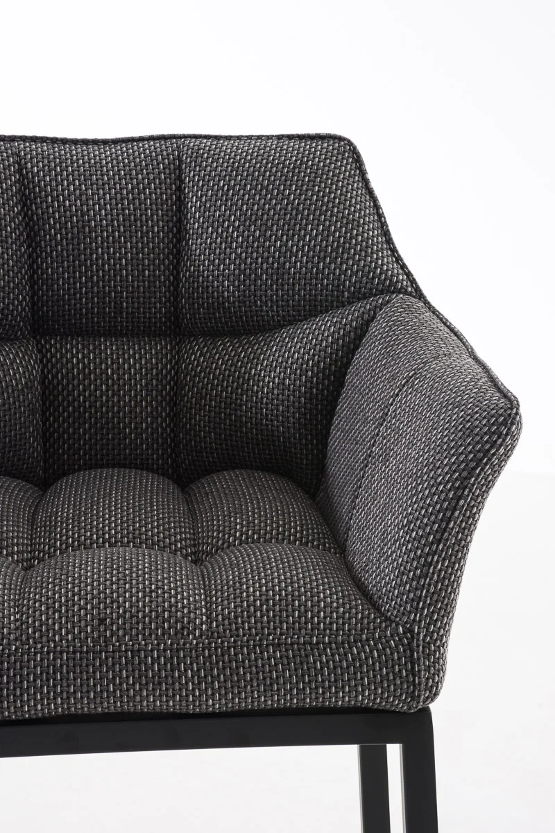 Tabouret de bar chaise haute de comptoir couture carrées assise en tissu gris titane 4 pieds stables en métal noir 10_0004706