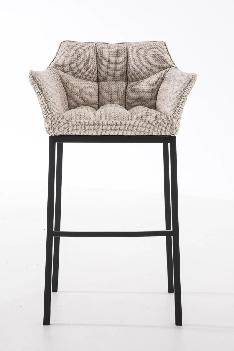 Tabouret de bar chaise haute de comptoir couture carrées assise en tissu crème 4 pieds stables en métal noir 10_0004703