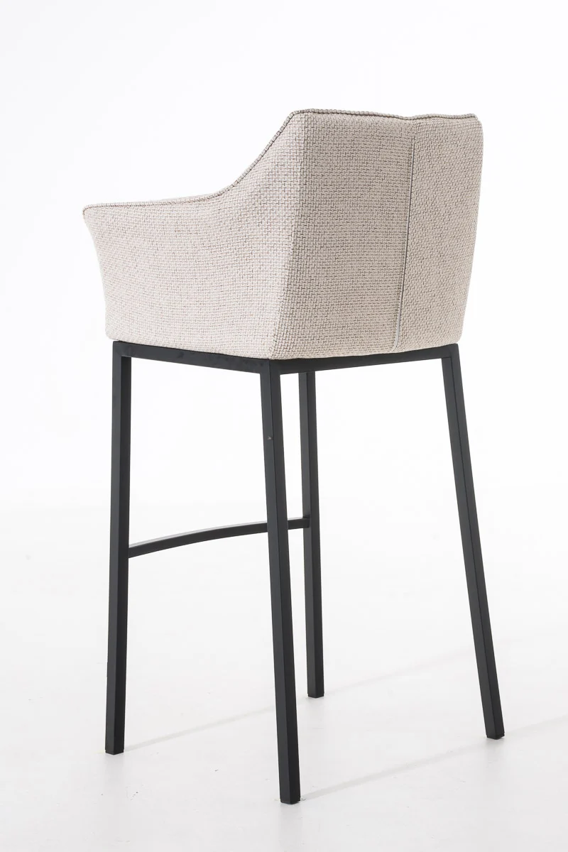 Tabouret de bar chaise haute de comptoir couture carrées assise en tissu crème 4 pieds stables en métal noir 10_0004703
