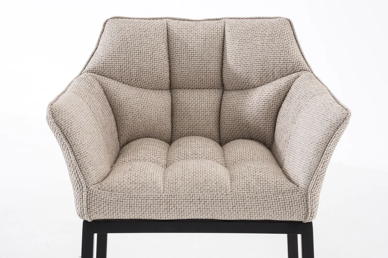 Tabouret de bar chaise haute de comptoir couture carrées assise en tissu crème 4 pieds stables en métal noir 10_0004703