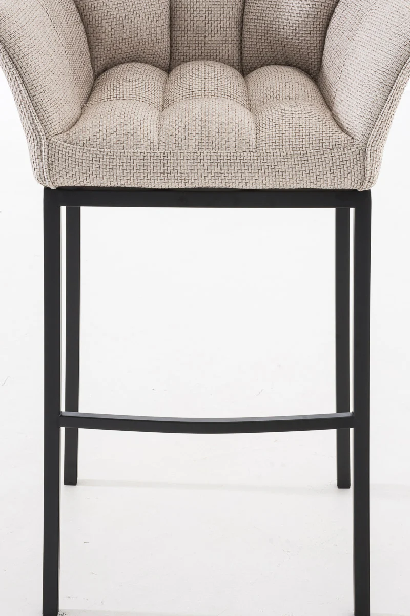 Tabouret de bar chaise haute de comptoir couture carrées assise en tissu crème 4 pieds stables en métal noir 10_0004703