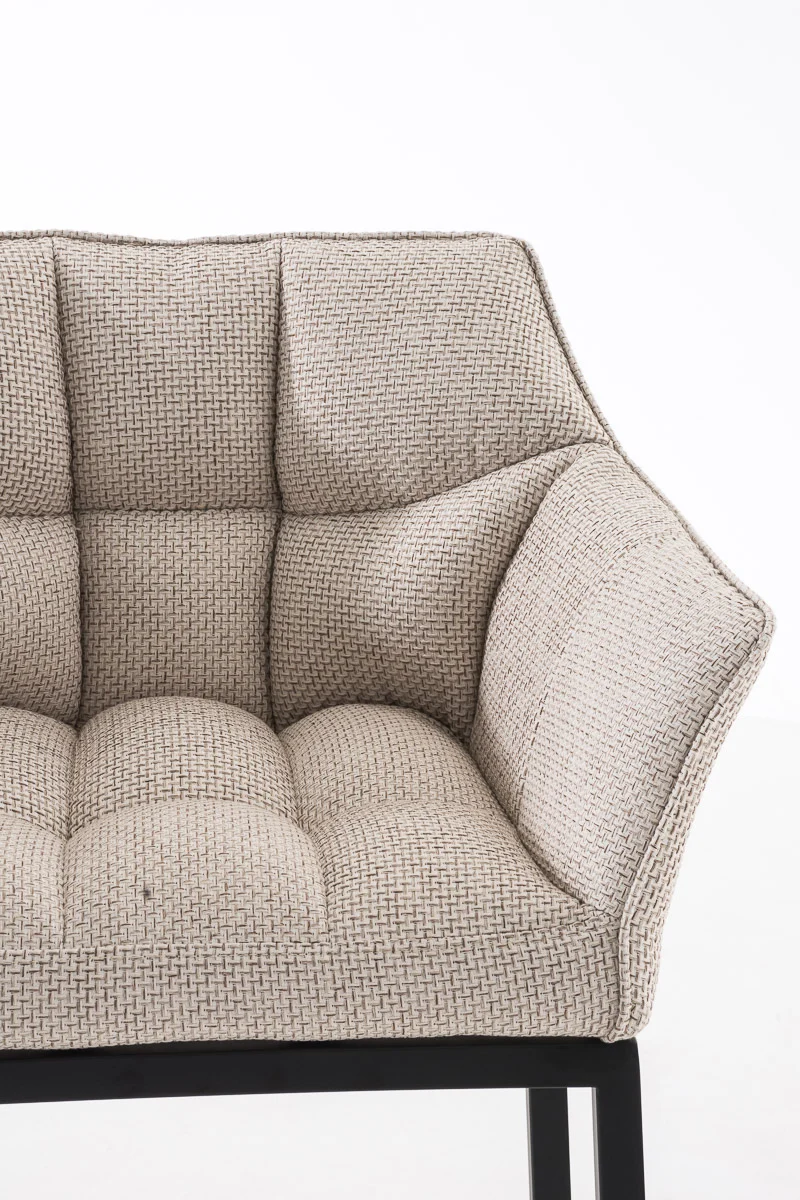 Tabouret de bar chaise haute de comptoir couture carrées assise en tissu crème 4 pieds stables en métal noir 10_0004703
