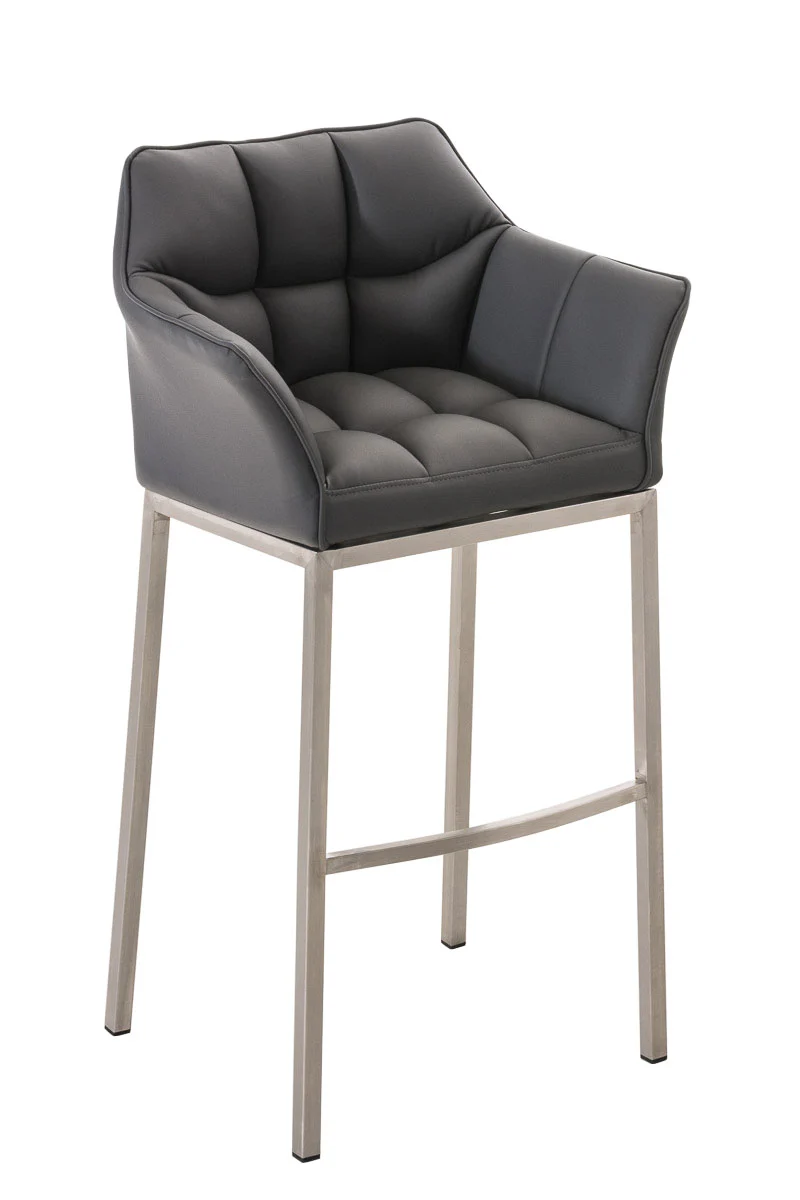 Tabouret de bar chaise haute de comptoir couture carrées assise en PVC gris 4 pieds stables en acier inoxydable 10_0004715