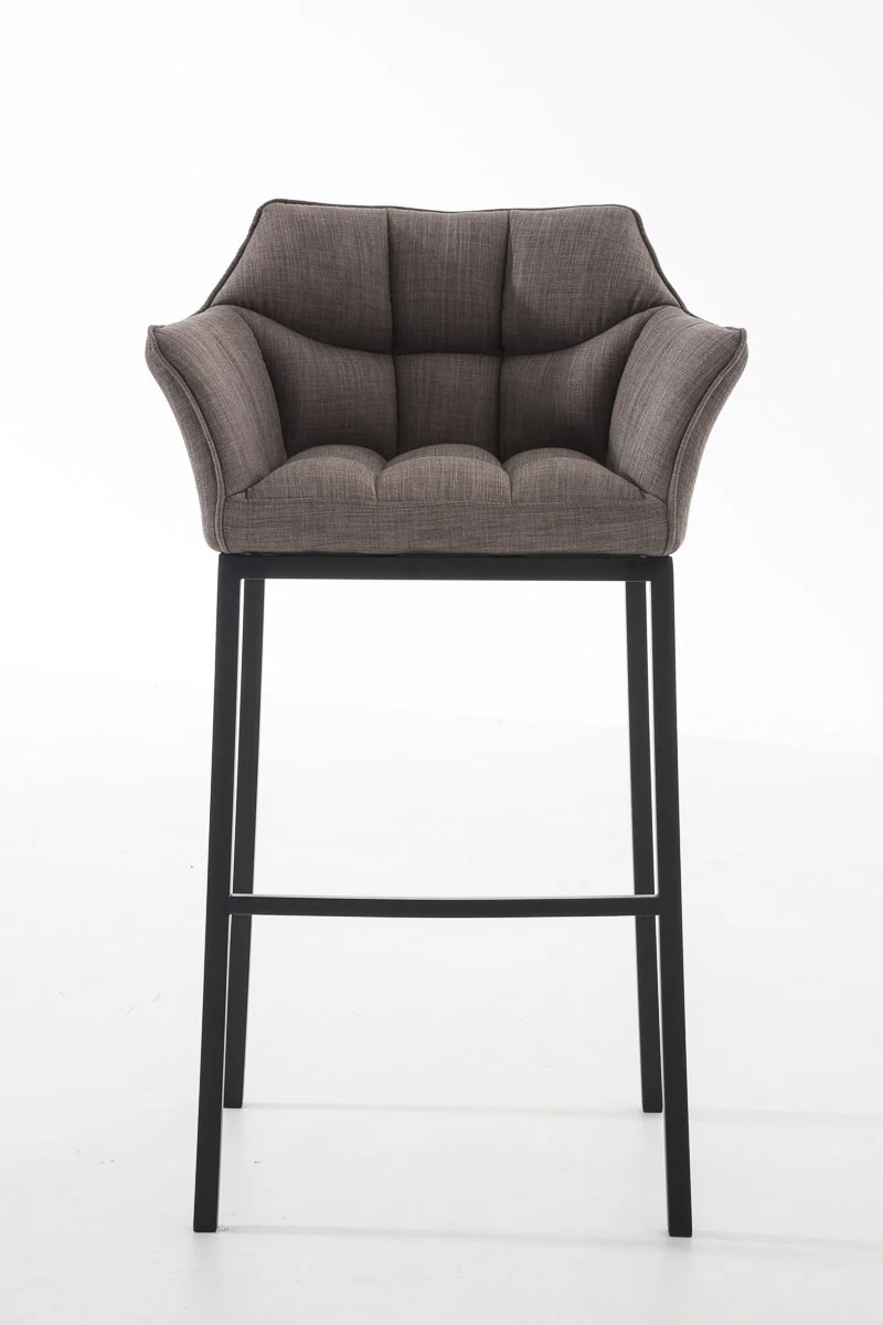Tabouret de bar chaise haute de comptoir couture carrées assise en tissu gris 4 pieds stables en métal noir 10_0004704