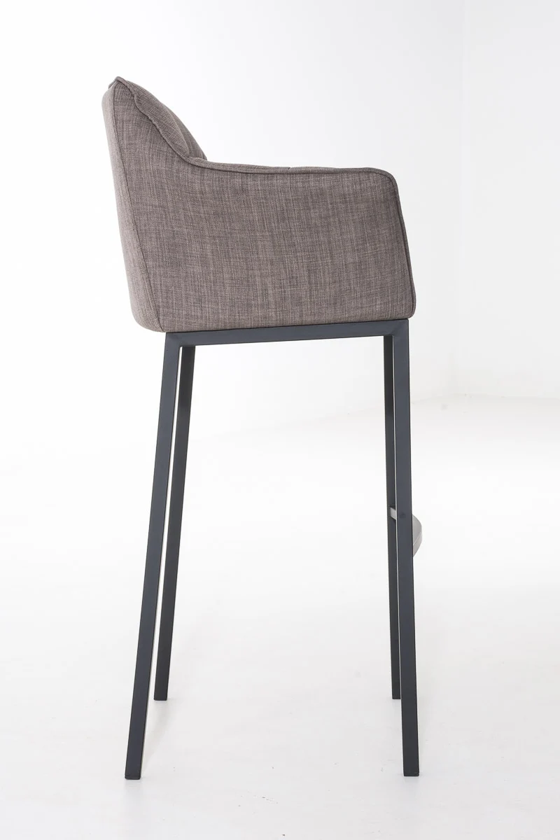 Tabouret de bar chaise haute de comptoir couture carrées assise en tissu gris 4 pieds stables en métal noir 10_0004704