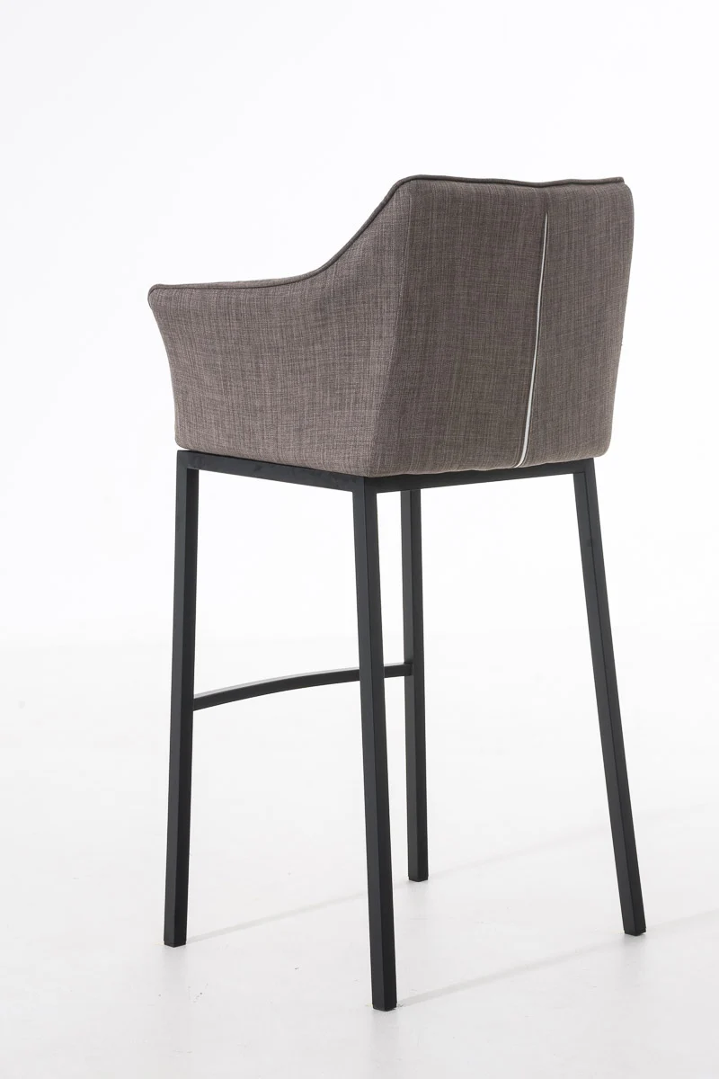 Tabouret de bar chaise haute de comptoir couture carrées assise en tissu gris 4 pieds stables en métal noir 10_0004704