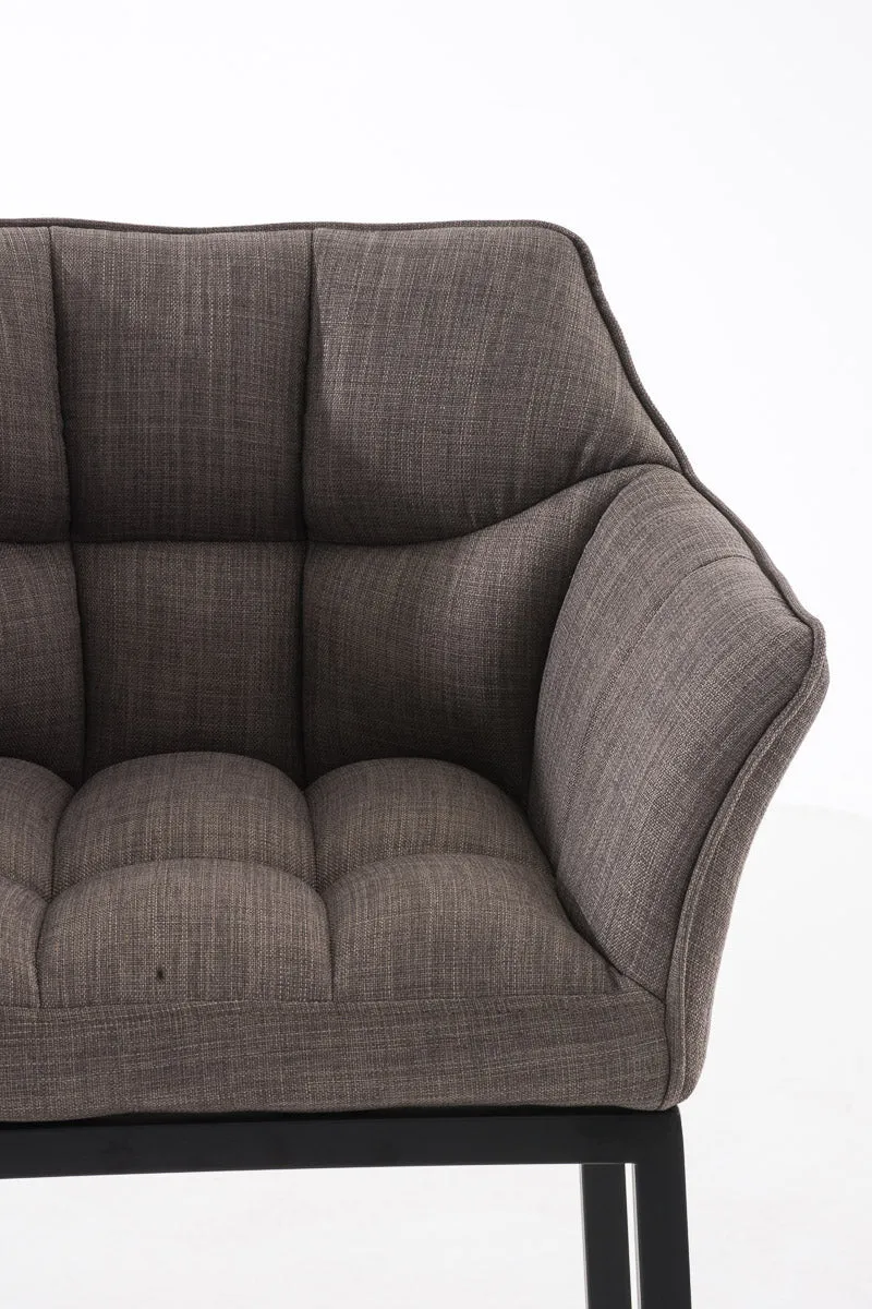 Tabouret de bar chaise haute de comptoir couture carrées assise en tissu gris 4 pieds stables en métal noir 10_0004704