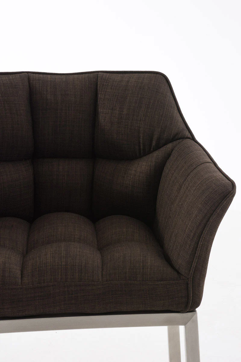 Tabouret de bar chaise haute de comptoir couture carrées assise en tissu marron 4 pieds stables en acier inoxydable 10_0004721