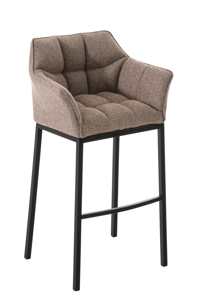 Tabouret de bar chaise haute de comptoir couture carrées assise en tissu marron clair 4 pieds stables en métal noir 10_0004705