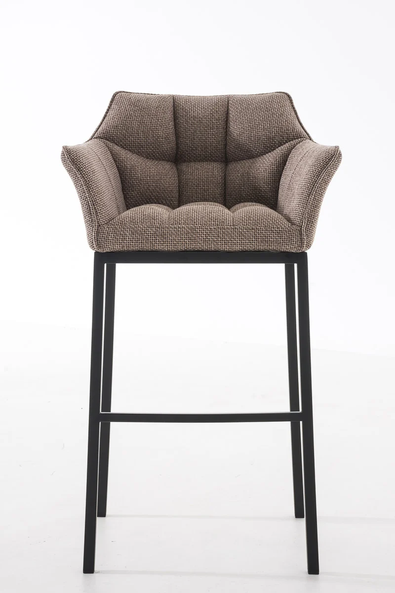 Tabouret de bar chaise haute de comptoir couture carrées assise en tissu marron clair 4 pieds stables en métal noir 10_0004705