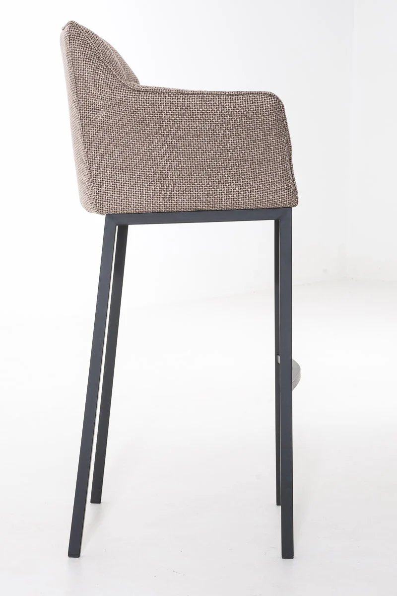 Tabouret de bar chaise haute de comptoir couture carrées assise en tissu marron clair 4 pieds stables en métal noir 10_0004705