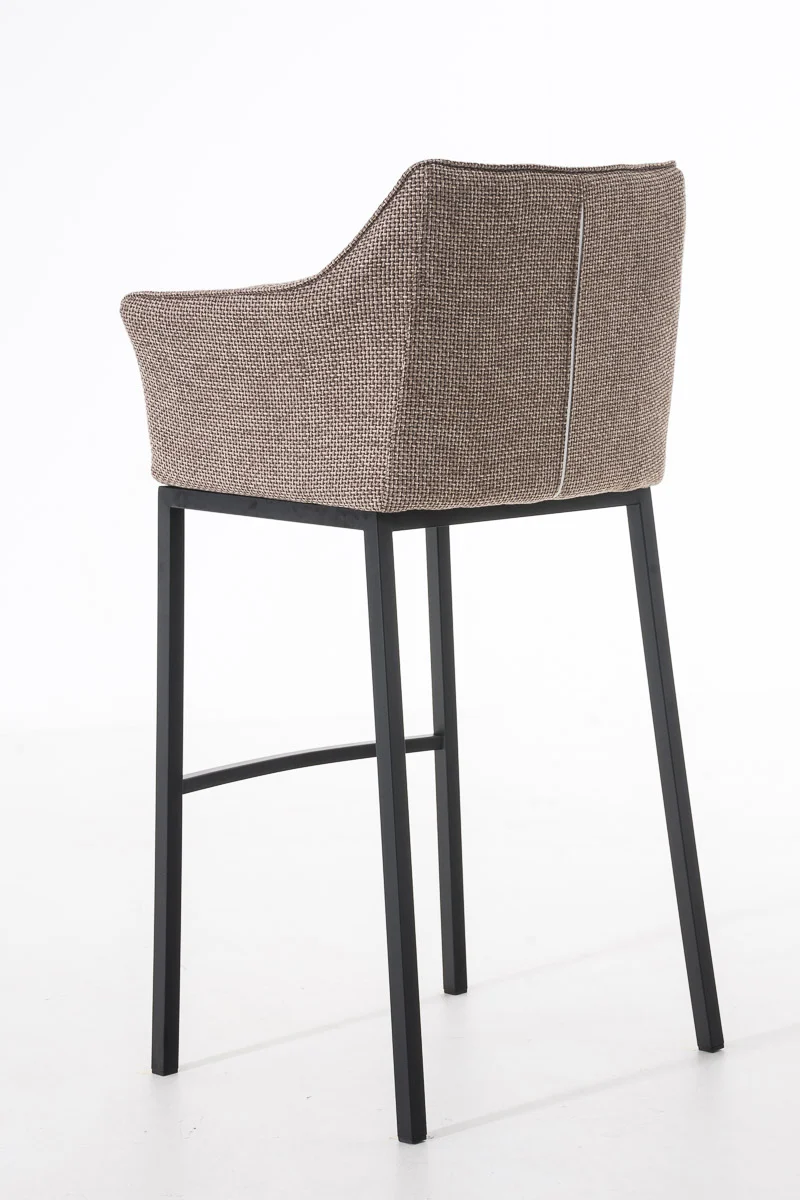 Tabouret de bar chaise haute de comptoir couture carrées assise en tissu marron clair 4 pieds stables en métal noir 10_0004705