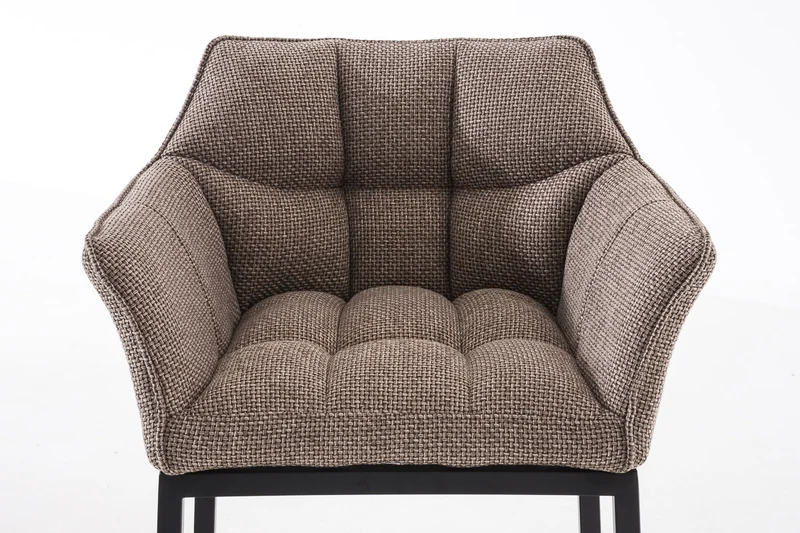 Tabouret de bar chaise haute de comptoir couture carrées assise en tissu marron clair 4 pieds stables en métal noir 10_0004705