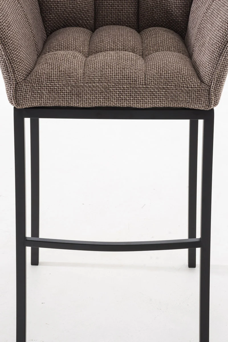 Tabouret de bar chaise haute de comptoir couture carrées assise en tissu marron clair 4 pieds stables en métal noir 10_0004705