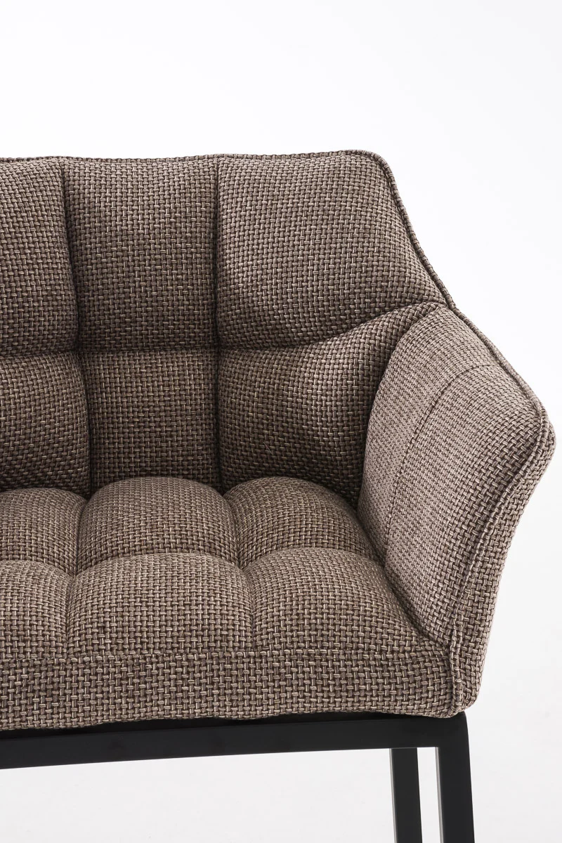 Tabouret de bar chaise haute de comptoir couture carrées assise en tissu marron clair 4 pieds stables en métal noir 10_0004705