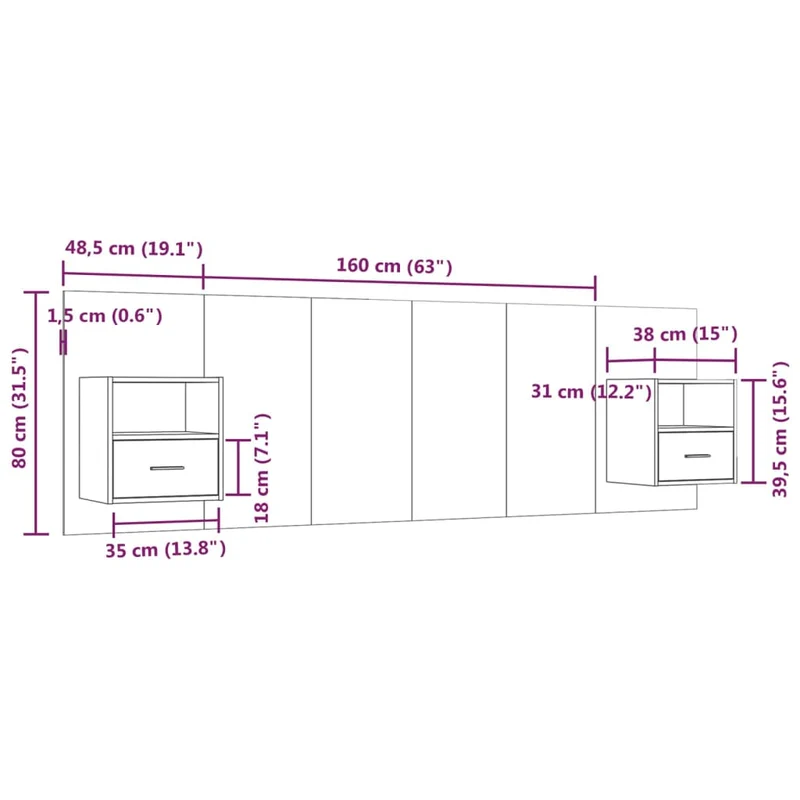 Tête de lit accessoire couchage chambre à coucher meuble avec chevet intégré étagère MDF gris TDL0205807