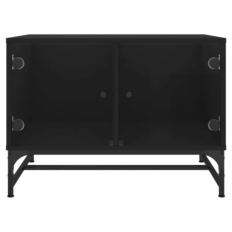 Table basse de salon design moderne avec portes vitré 68,5 x 50 x 50 cm bois d'ingénierie noir verre et acier DEC037738