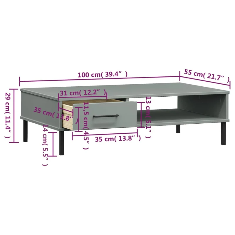 Table basse de salon avec tiroir design moderne avec pieds en métal plateau en bois pin gris DEC037715