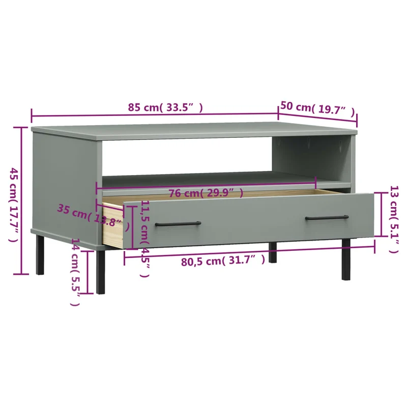 Table basse de salon avec tiroir design moderne avec pieds en métal 85 x 50 x 45 cm bois gris DEC037714