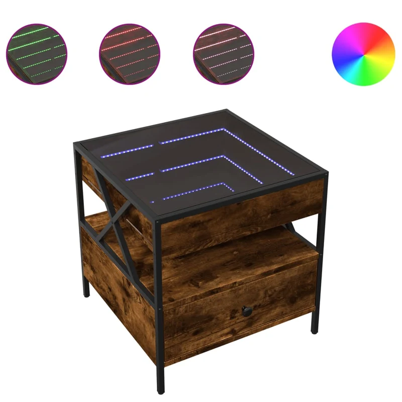 Table de chevet avec tiroir et étagère design moderne avec LED 50 x 50 x 51 cm bois d'ingénieri marron verre et métal DEC037548