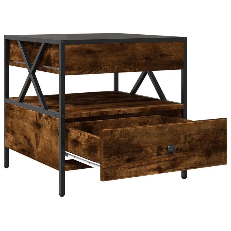 Table de chevet avec tiroir et étagère design moderne avec LED 50 x 50 x 51 cm bois d'ingénieri marron verre et métal DEC037548