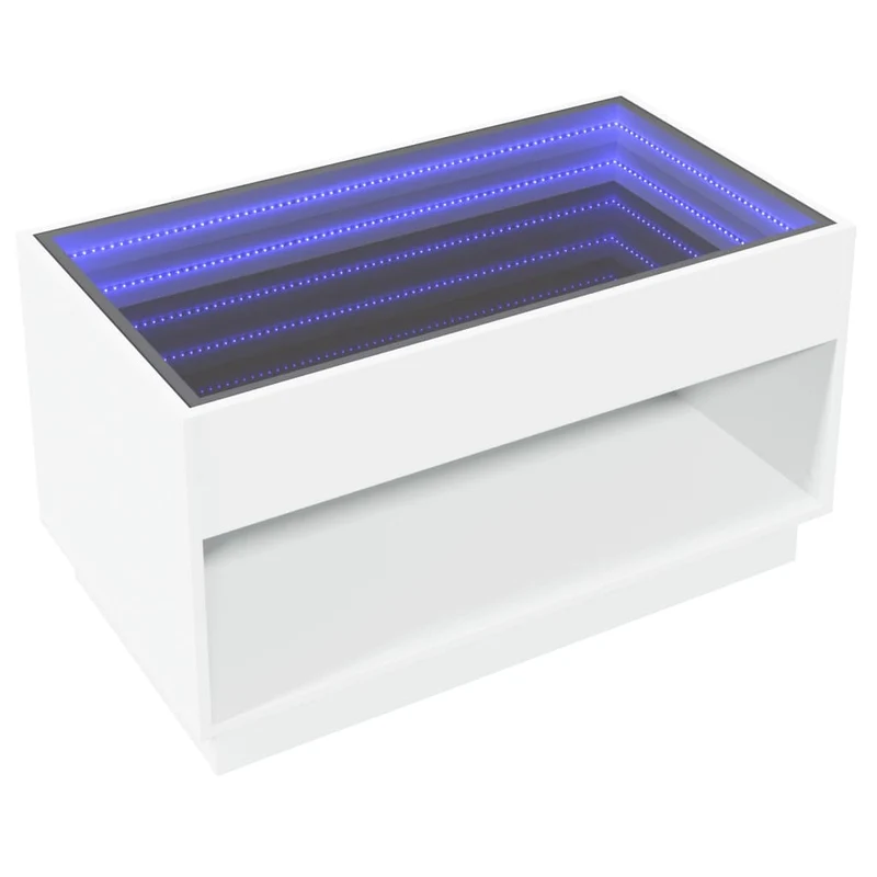 Table basse de salon avec étagère design moderne avec LED 90 x 50 x 50 cm bois d'ingénierie blanc et verre DEC037444
