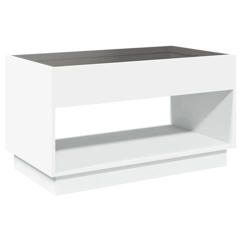 Table basse de salon avec étagère design moderne avec LED 90 x 50 x 50 cm bois d'ingénierie blanc et verre DEC037444