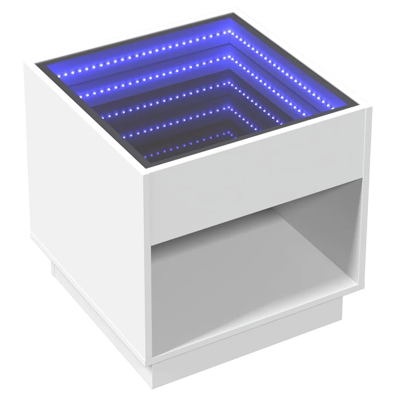 Table basse table de chevet avec étagère design moderne avec LED 50 x 50 x 50 cm bois d'ingénierie blanc et verre DEC037438
