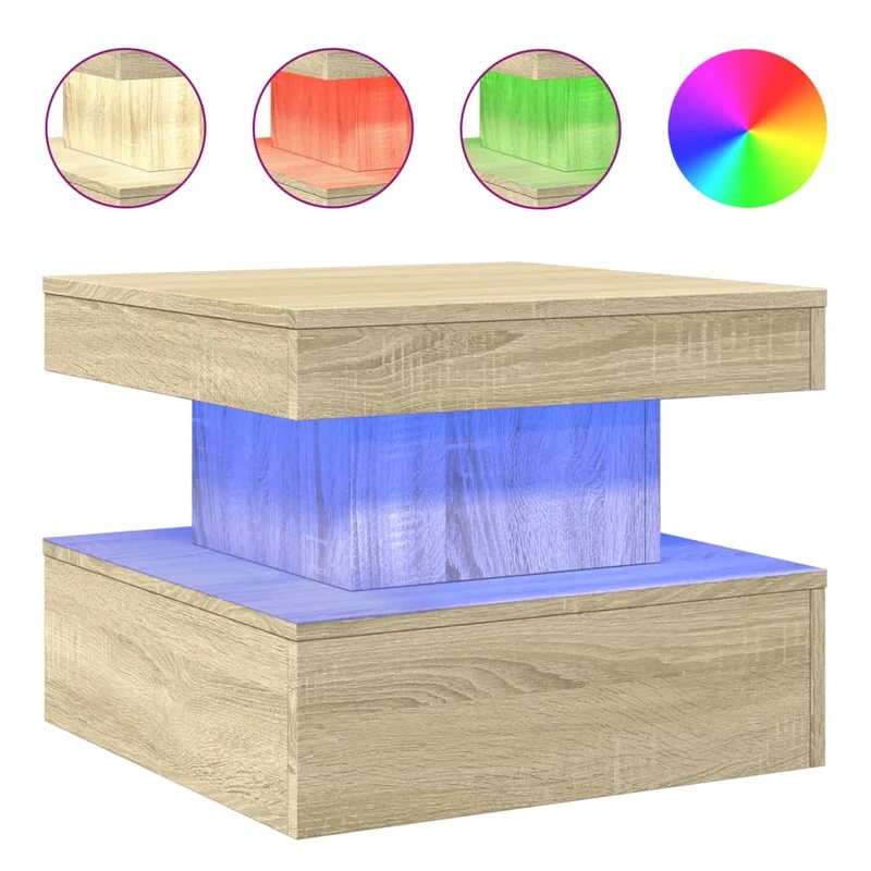 Table basse de salon design moderne avec lumières LED 50 x 50 x 40 cm bois d'ingénierie couleur chêne DEC037645