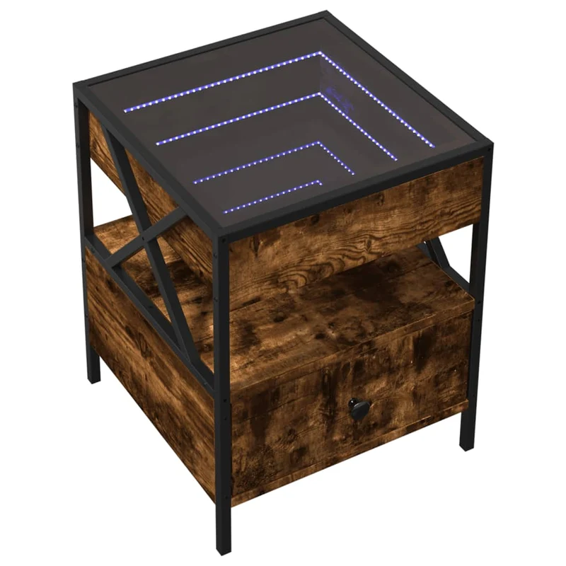 Table basse de salon avec tiroir design moderne avec LED 40 x 40 x 51 cm bois d'ingénierie marron et verre et métal DEC037543