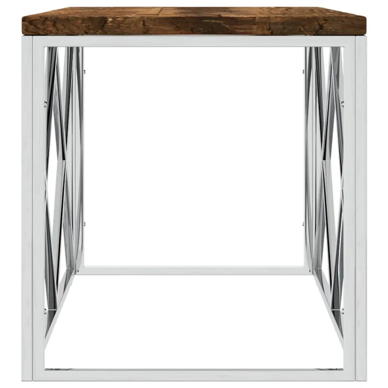 Table basse de salon 110 x 45 x 45 cm acier inoxydable argenté et bois massif de récupération DEC037257