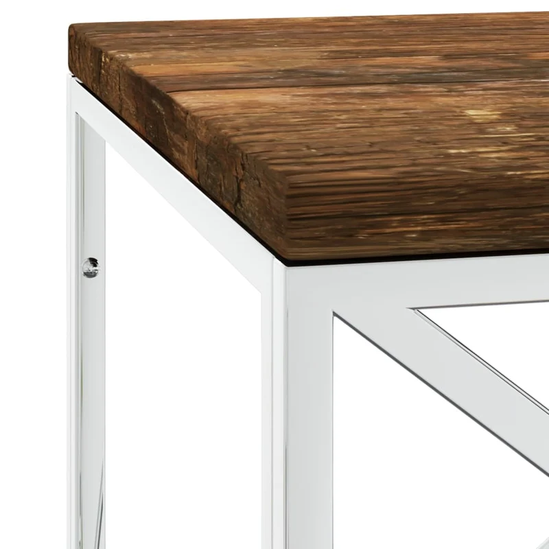 Table basse de salon 110 x 45 x 45 cm acier inoxydable argenté et bois massif de récupération DEC037257
