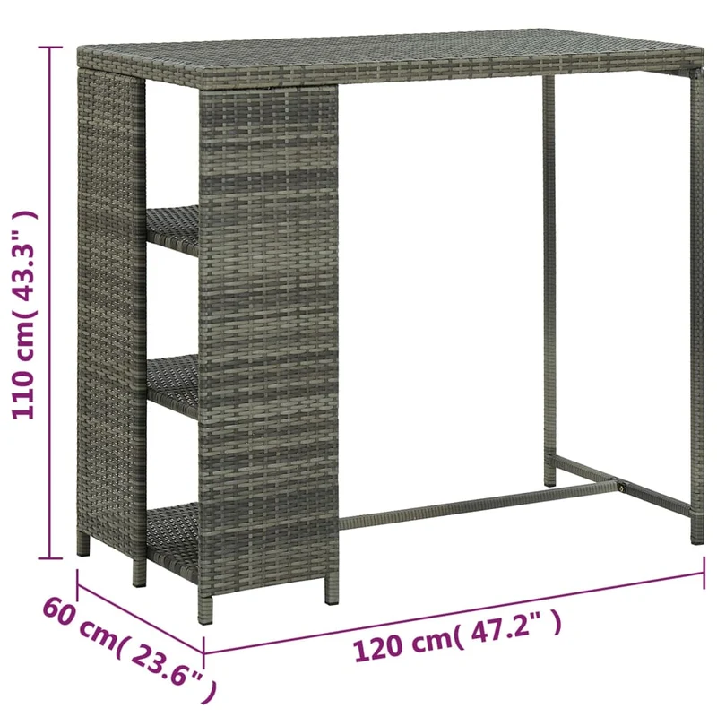 Table d’appoint multifonction table de bar avec étagère de rangement 120 x 60 x 110 cm résine tressée gris et acier DEC036332