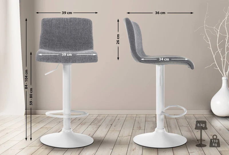 Tabouret de bar x1 avec repose-pieds pivotant dossier incurvé en tissu gris clair et métal blanc 10_0004980