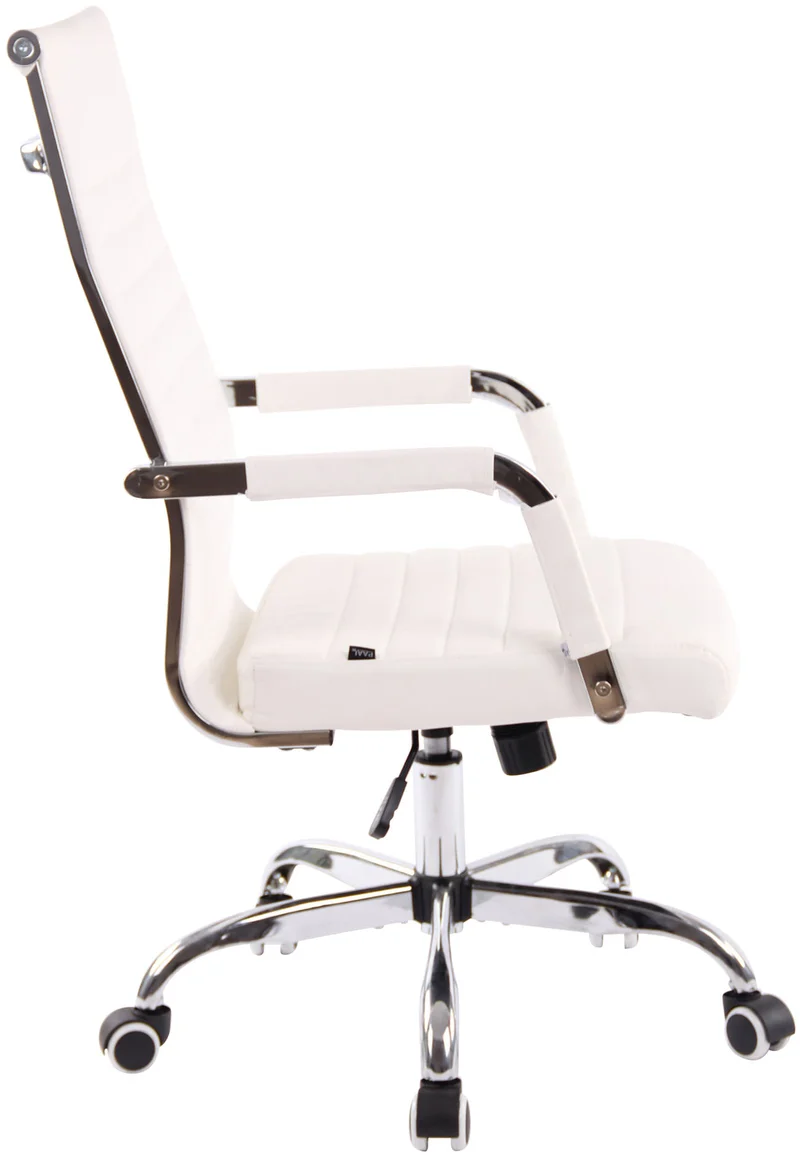 Fauteuil de bureau sur roulettes confortable hauteur réglable en synthétique blanc cadre métal chromé BUR10569