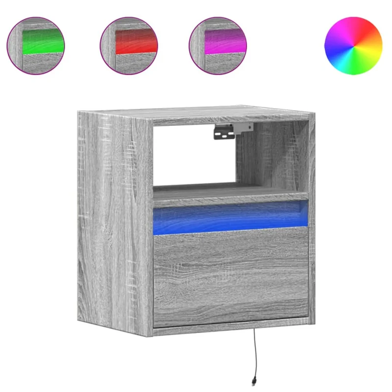 Lot de 2 tables de chevet murales avec lumières LED avec tiroir et compartiment ouvert en bois d'ingénierie gris DEC036168